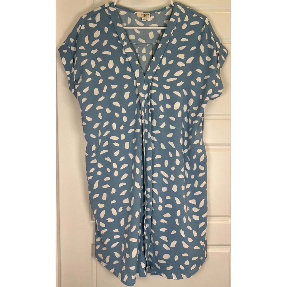 Umgee Size M Blue/White  V-Neck Short Sleeve Shift Knee Dress with Pockets